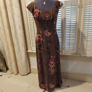 Floral Brown Silk Sleeveless Long Dress Ruffled Neckline